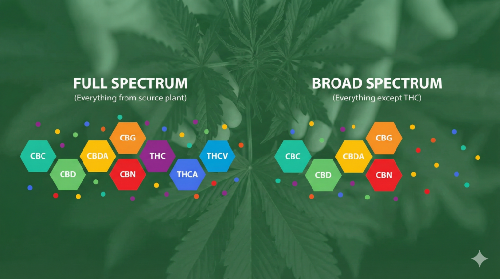 Grafic educațional privind profilul de canabinoizi: Full Spectrum versus Broad Spectrum.