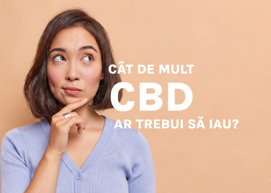 Femeie gândindu-se la dozaj, banner pentru ghidul "Cât de mult CBD ar trebui să iau?".