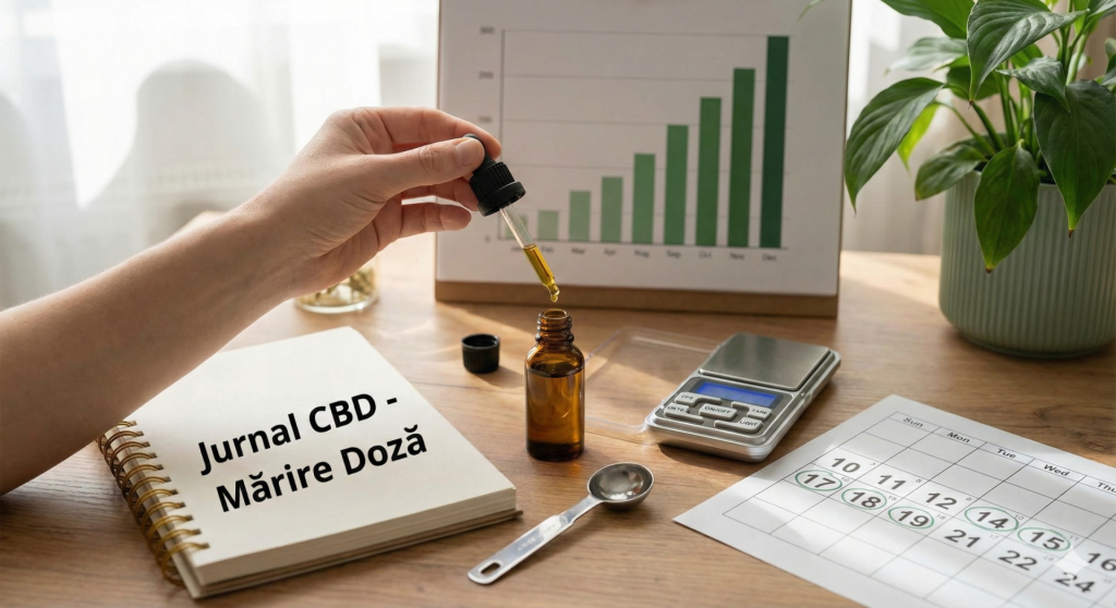 Femeie picurând ulei CBD într-o linguriță pentru o dozare precisă a extractului.